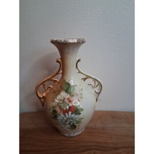Vintage Hand Painted Floral Porcelain Bud Vase Gold Gilt Scrolled Handles Cream
